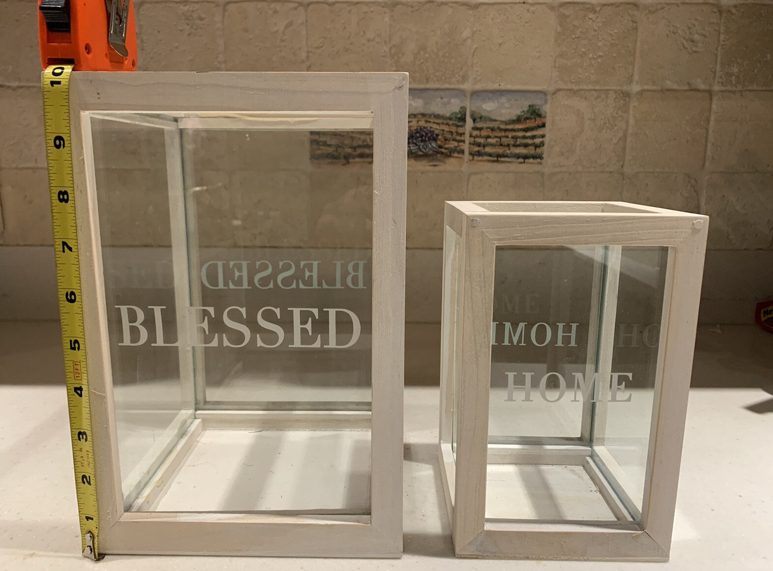 2 Square wood & glass 10&rdquo; & 7.5&rdquo; Candle holders Etched w/&ldquo;Blessed&rdquo; & &ldquo;Home&rdquo;