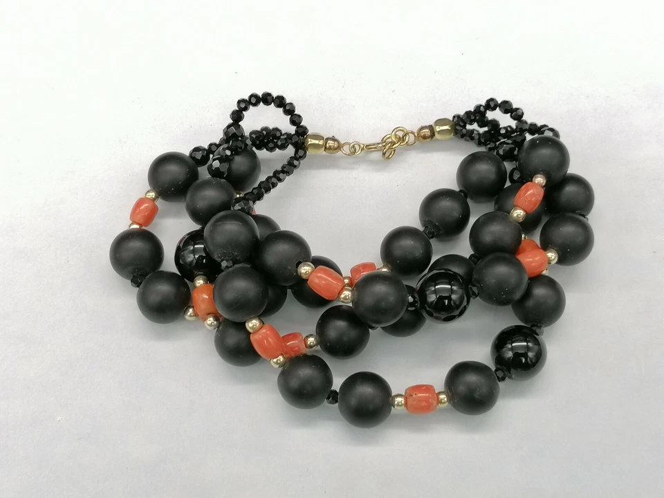 Pulsera Grande De Mujer Ónix Negro Coral Rojo Ágata Plata MADE IN ITALY - Imagen 3 de 4