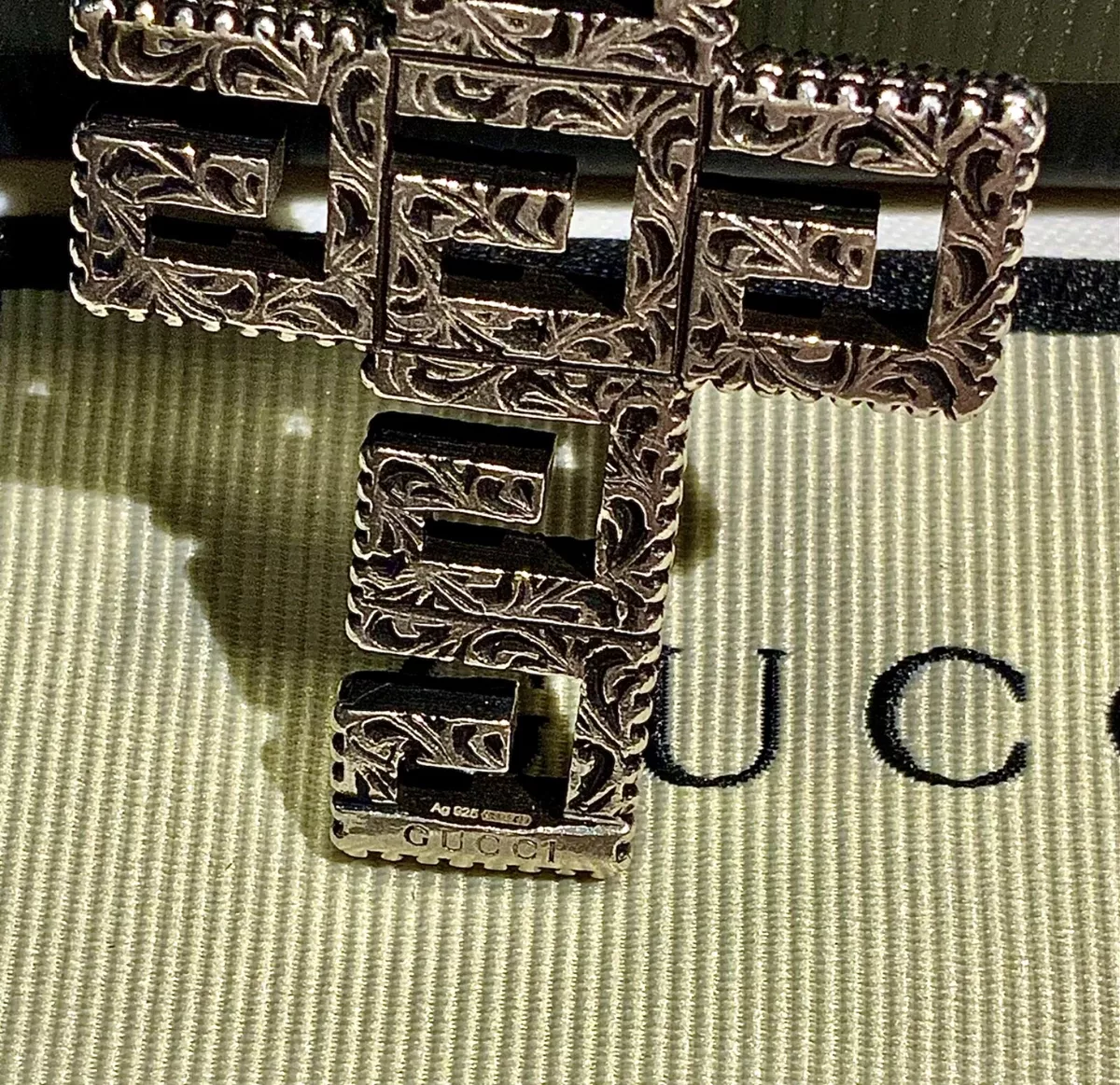 Gucci G Cube Solid Cross Pendant & Necklace Aged Sterling Silver 925 70cm Italy