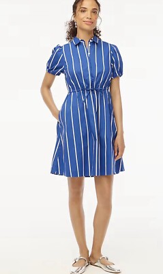 J.Crew Sz 14 Collared Short-sleeve Tie-waist Mini Dress, Blue White Stripe NEW