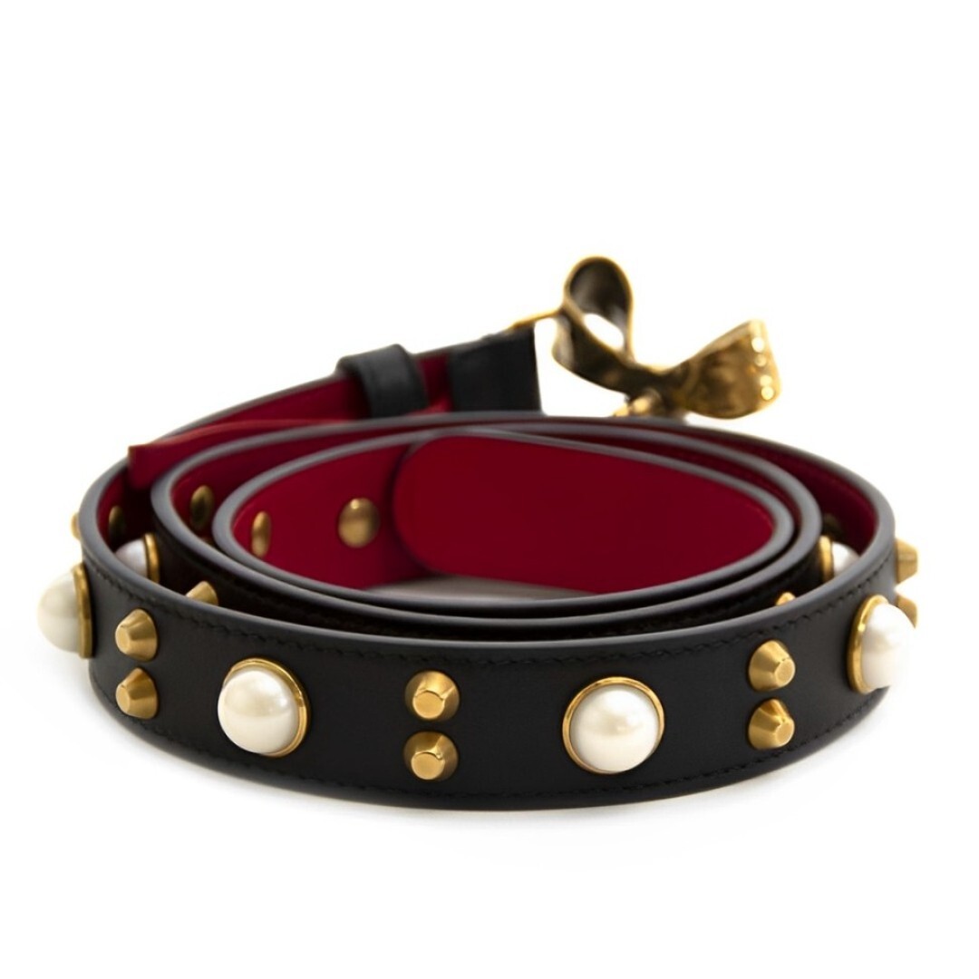 Gucci Studded Leather Belt Metal Bow Hibiscus Red Black Belt Moon Pearl NEW Gucci Studded leather belt metal bow hibiscus red black Belt  main image 2
