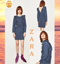 ZARA STRIPED DRESS LONG SLEEVE FRILLS NEW DENIM NAVY BLUE MINI DRESS SIZES XS; S