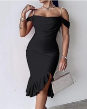 CHICME Womens Sexy Bodycon Off The Shoulder Pearls Strap Ruffle Hem BlackDresses