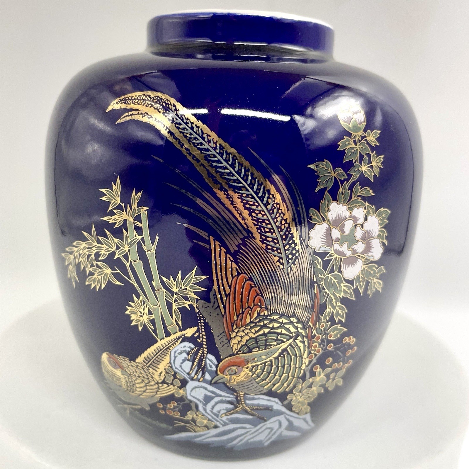 Cobalt Blue Gilded Pheasant Ginger Jar – Hand-Decorated Asian Porcelain