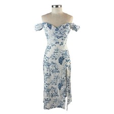 Reformation Bridgton 100 Linen Midi Dress Corsica Blue Floral 0 Off Shoulder