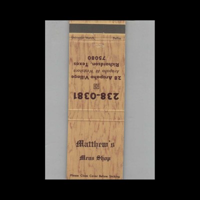 Matchbook Cover Matthew's Menu Shop Richardson TX
