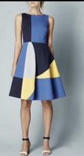 Boden Colorblock Fit Flare Dress Women 8 Blue Yellow Preppy Retro Artsy
