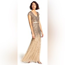 NWT Adrianna Papell Long Beaded V-Neck Gown w/ Cap Sleeves & Waistband – Size 6