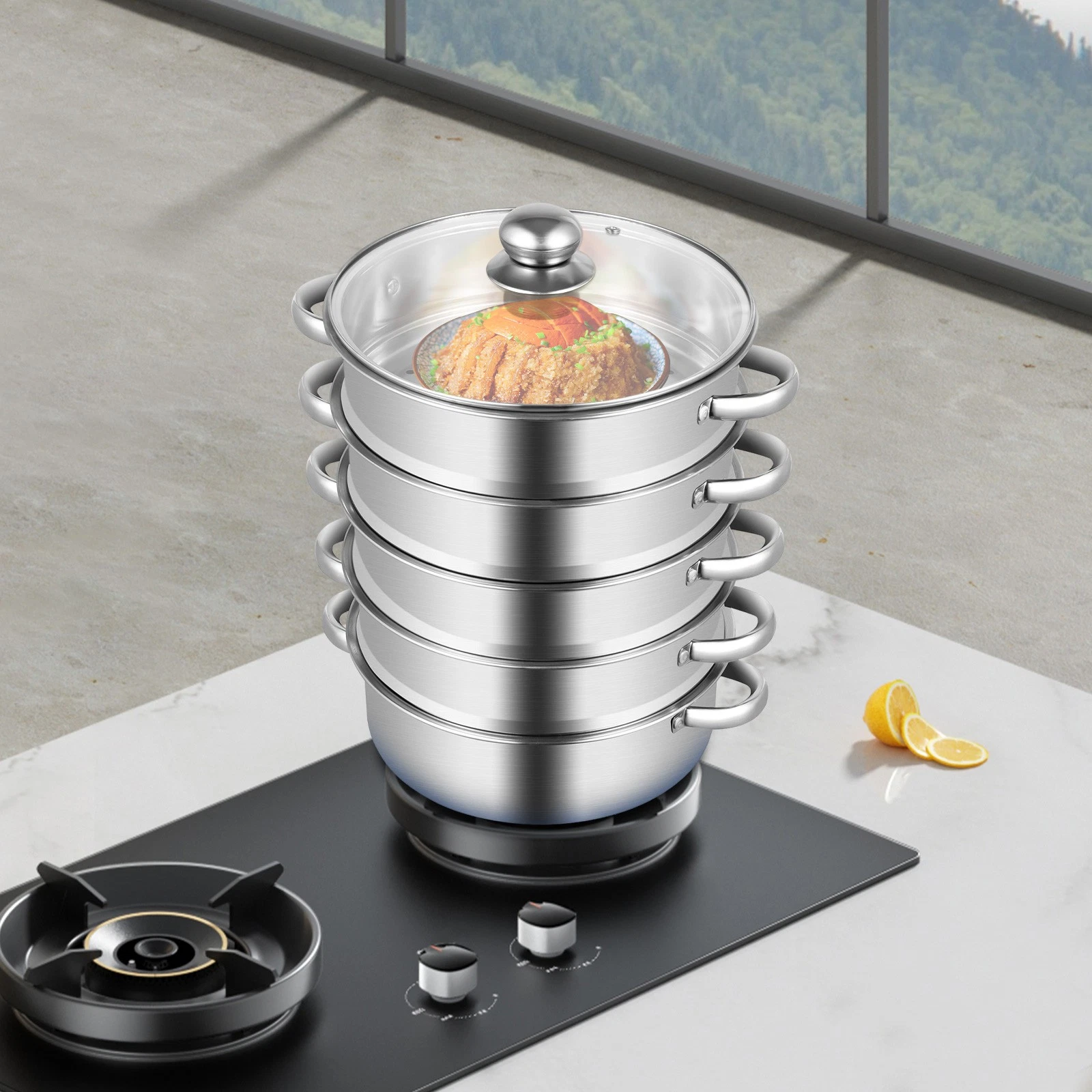 5 Tier Stainless Steel Steamer Cooker Steam Pot Kitchen Food Cooking + Glass lid