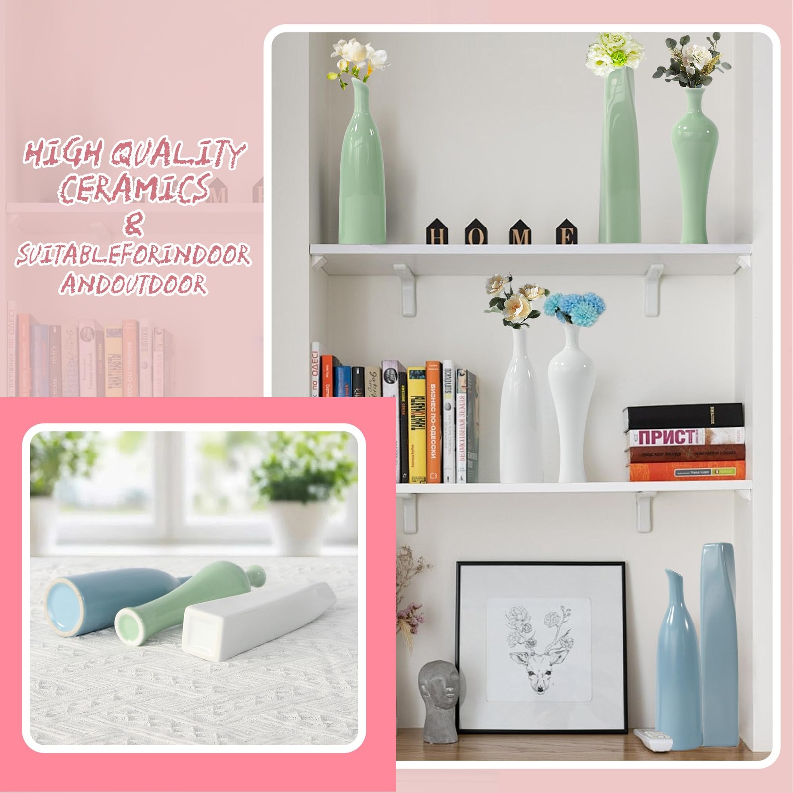 3 Pack Light Sky Blue Small Ceramic Vase Set for Home Decor, Shelf, Kitchen