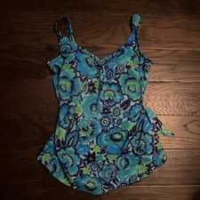 Vintage Roxanne Bra Sz12 36D One Piece Swimsuit Bathing Blue Green Floral Skirt