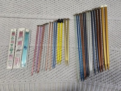 Lot of 16 pairs Knitting Needles mostly metal/aluminum plus 3 sets Double Point 