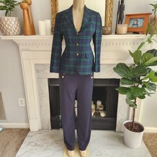 Vtg 70s Green Plaid Blazer Fitted Blue Academia Corpcore Preppy Old Money Sz M