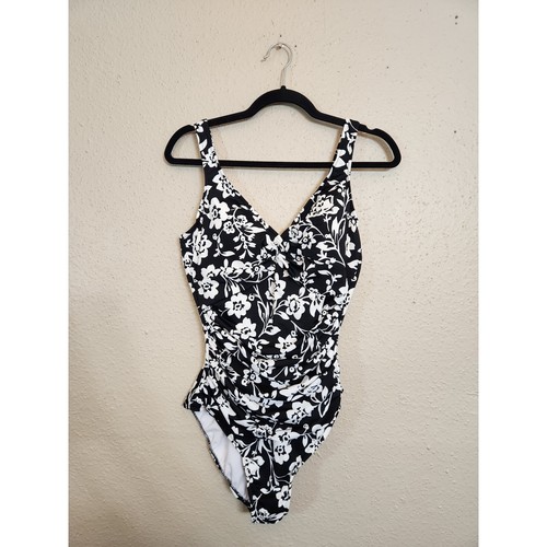 Unbranded Women's Black & White Floral V-Neck One Piece Swimsuit Size 14