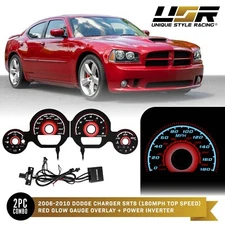 RED Glow Gauge Black Overlay For 06-10 Dodge Charger/Magnum SRT8 180MPH Cluster