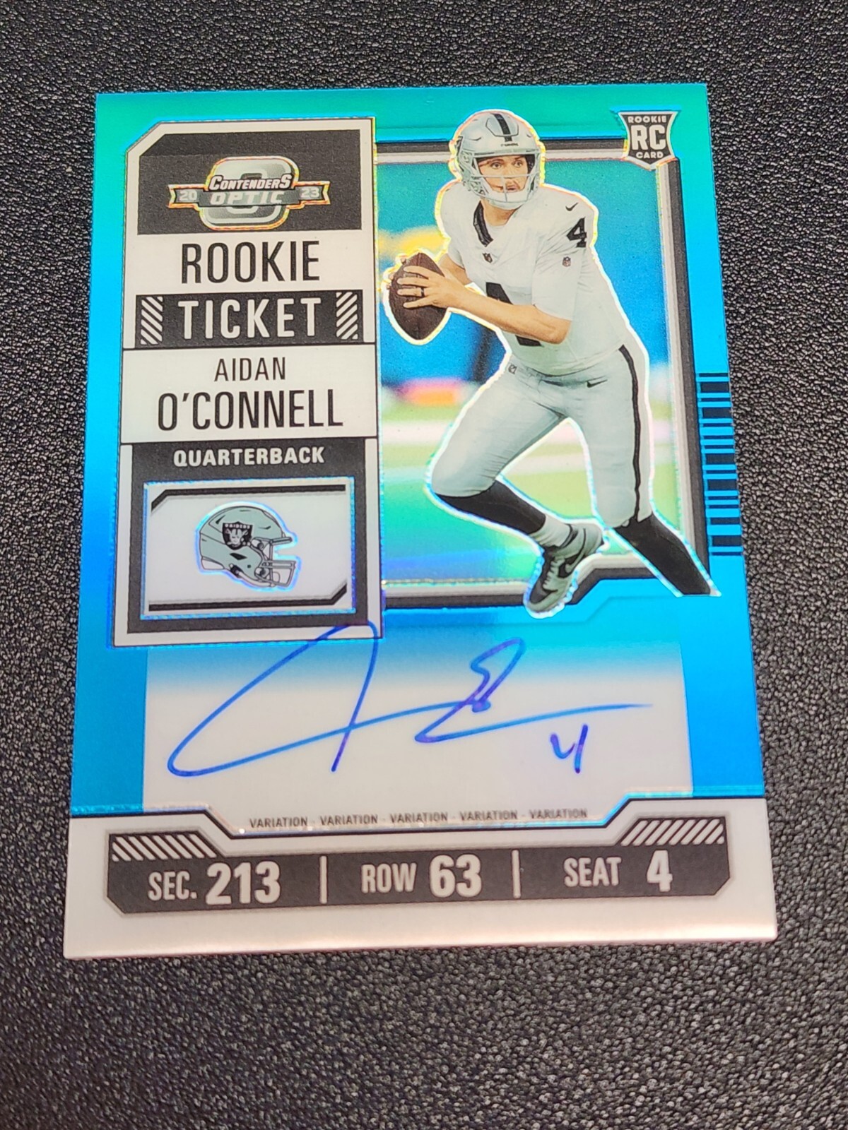 Aidan O'Connell #101 2023 Contenders Optic Rookie Ticket Variation Auto Teal /75