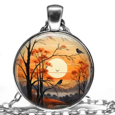 Fall Birds Trees & Sunrise Pendant Necklace 24" Autumn Seasonal Jewelry Gift