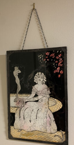 Art Nouveau Reverse Painting On Glass Tinsel Foil Naked Woman Bouquet Flower