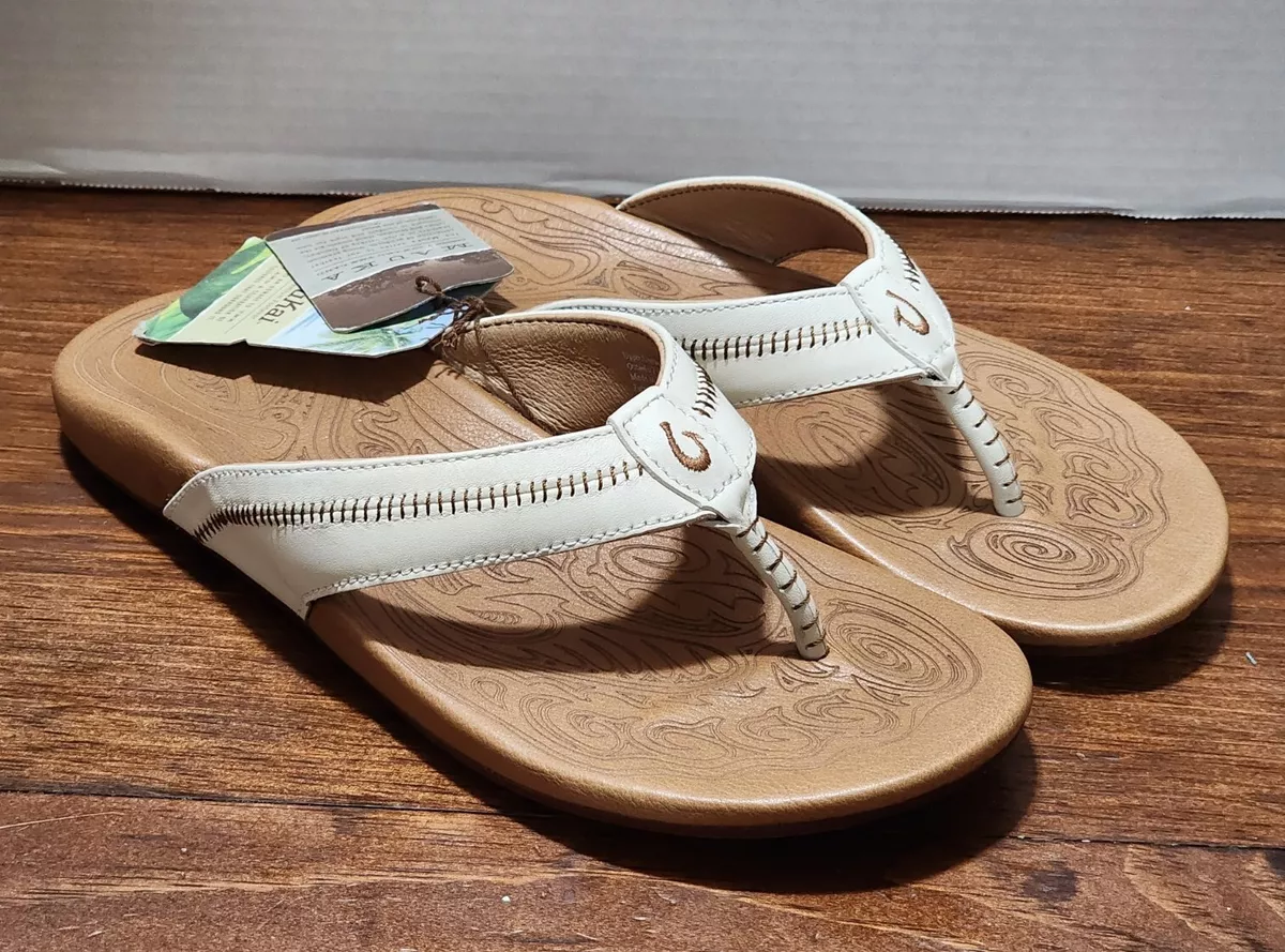 Olukai Haiku Leather Flip Flops Sandals Off White Toffee Mauka