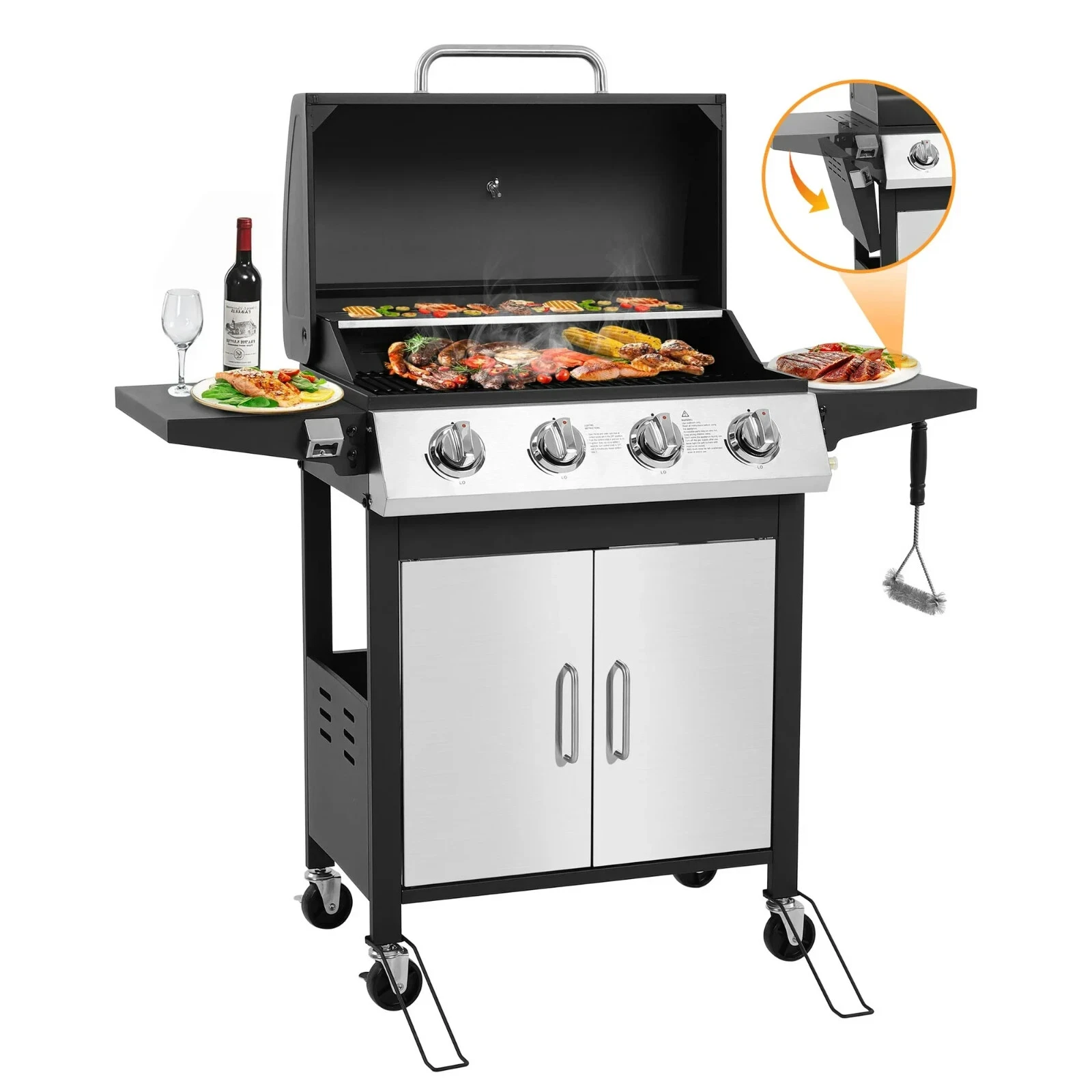 4 Burner BBQ Propan Gas Grill,Stainless Steel 40k BTU Patio Garden/ FoldingTable