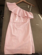 NWT J. Crew One Shoulder Ruffle Pink & White Striped Seersucker Dress - Size XS