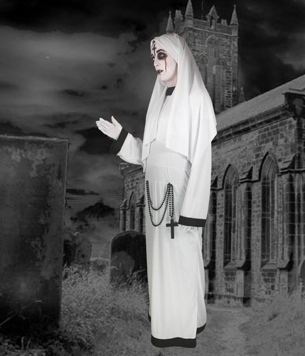 Lady Nun Costume Sister Habit Ghost Scary Mary Halloween Fancy Dress Adult 12/14 - Picture 4 of 4
