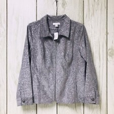 Christopher & Banks Women Gray Royal Damask Corduroy Stretch Full Zip Jacket Xl
