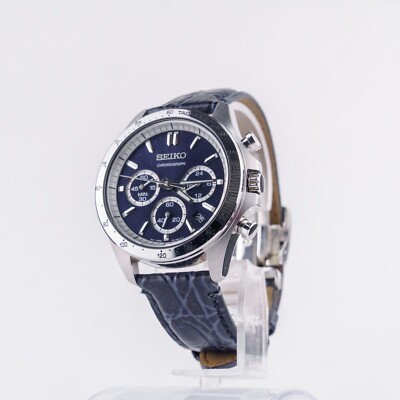 SEIKO Mens Chronograph 8T63-00D0 Quartz watch Blue Date Excellent 