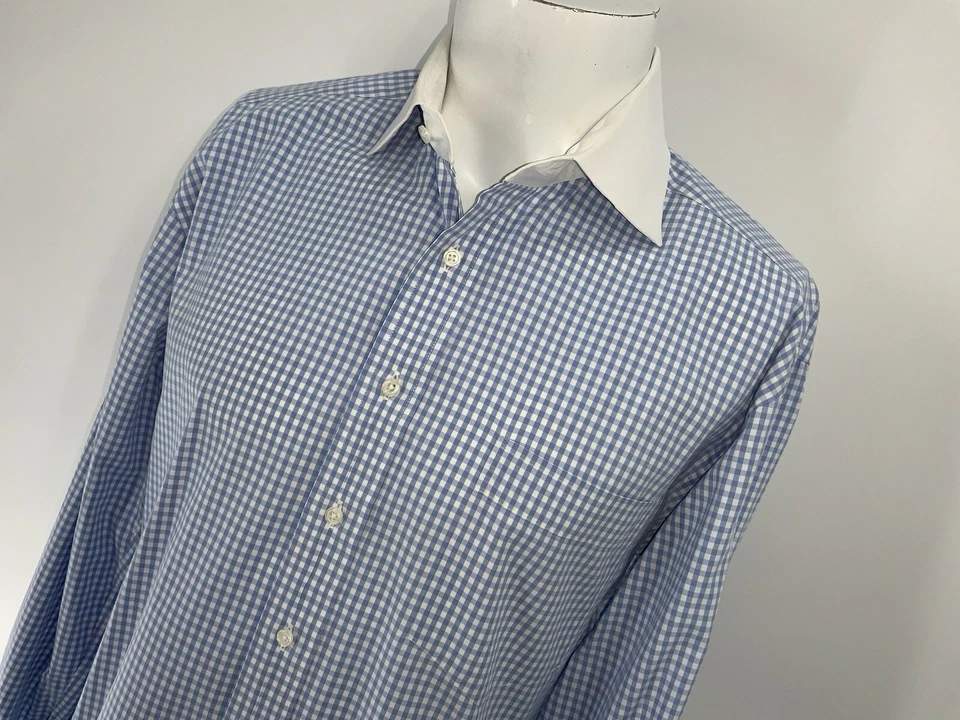 Savile Row French Cuff Dress Shirt 15.5 33 Blue Check Cotton USA YGI X4-92 - Image 3 of 4