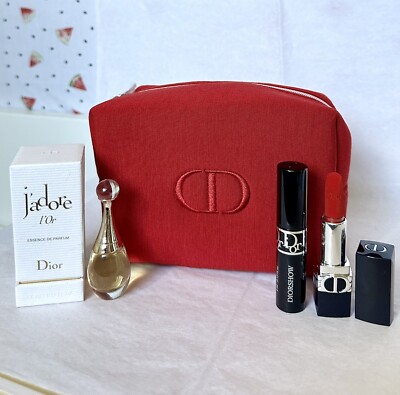 4PC DIOR Jadore L'or Essence De Parfum/Lipstick 999/Diorshow Mascara & Red Pouch