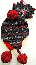 Disney Minnie Mouse Girls' Black Red Knit Hat  Gloves Laplander Tassle Pom NWT