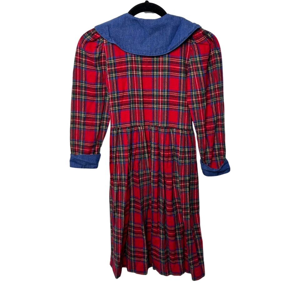 VTG 90s Cottontails Dress SZ 8 Red Plaid Denim Girls Long Sleeve Cotton Cottage - Imagem 2 de 4