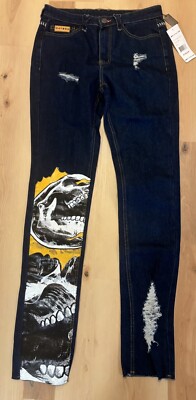 Watson Men Distressed Embellished Skull Patch Denim Jeans Indigo Sz 28 x 35