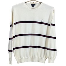  70 Nautica Men's White Long-Sleeve Striped Sweater Pullover V-Neck Knit Size XL