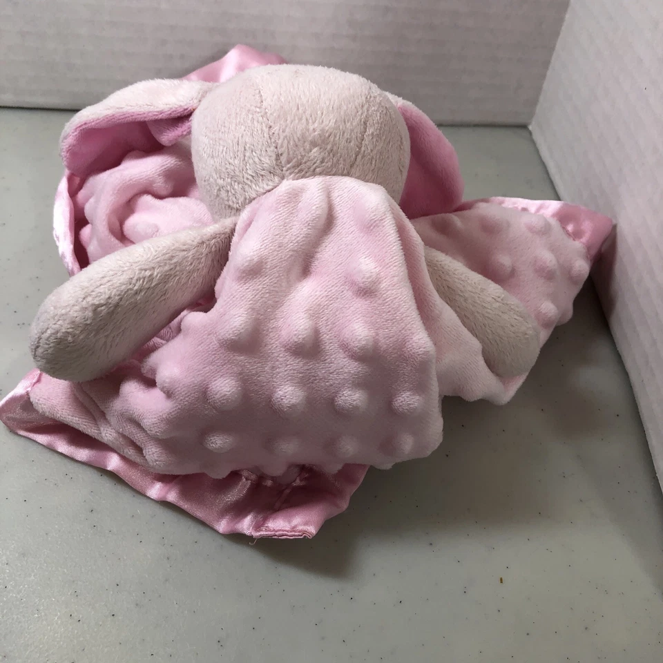 粉色 Lovey 兔子 毛绒 婴儿 女孩 安全毯 缎面装饰 16 英寸 Minky — 第 4/4 张图片