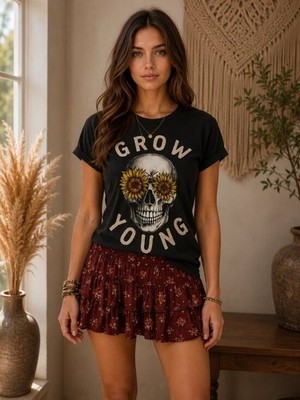 New Element  Vneck Women s L Graphic T-Shirt Black Grow Young Skull Sunflower