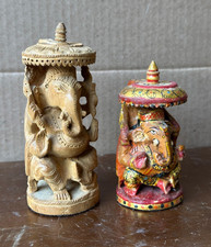 Vintage Hand-Carved Hindu Ganesha Deity Statues-Natural & Painted Wood Setm 4.5"