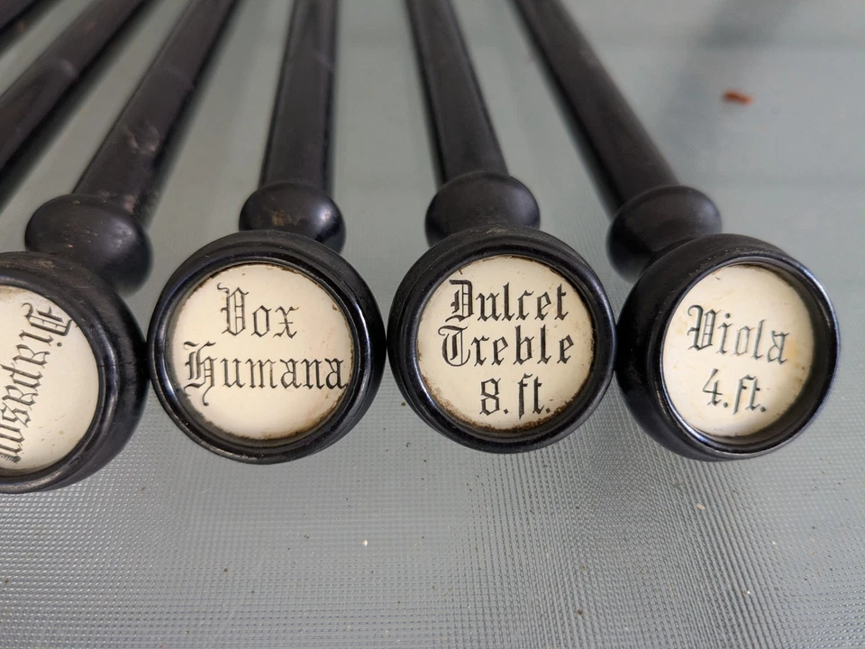 Fantastic Set Of 11 Angled Pump Organ Pulls Stops With Great Inserts Circa 1902 - Image 4 of 4