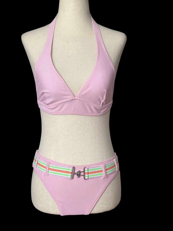 Biquíni feminino Spiegal duas peças com cinto tamanho 8 rosa halter top retrô - Imagem 3 de 4