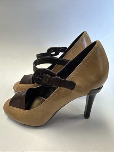Audrey Brooke Womens Brown Leather Peep Toe Pumps Heels Sz 9 ankle straps - 第 3/10 張圖片
