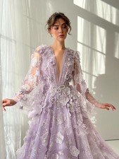 Lavender Evening Prom Dress Long Sleeves V Neck Flower Lace A Line Floor Length