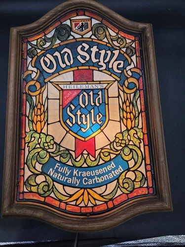 Vintage Heileman's Old Style Beer Faux Stained Glass Lighted Sign Kraeusened