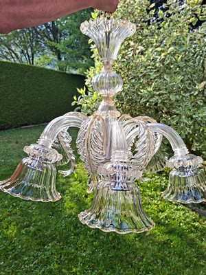 Murano-Kronleuchter klassisch 6-flammig Glas transparent Gold mit Messing-Kette