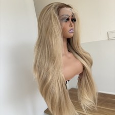 Long Straight Heat Resistant Synthetic Hair Highlight Blonde T Lace Frontal Wig