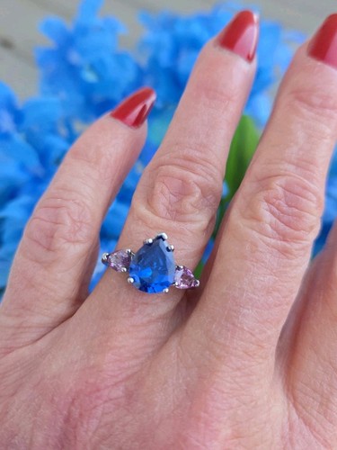 Iolite & Amethyst Three Stone Ring, Rhodium/Silver, Sz 6 - Picture 6 of 9