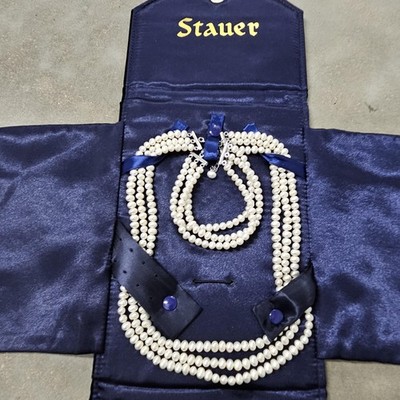 Stauer White Bead Multi Strand Jewelry Necklace Bracelet Set Blue Velvet Pouch