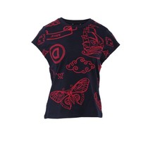 Desigual T-Shirt Blau Bestickt Gr. Xs Damen Kurzarm Baumwolle Shirt 20SWTKAY