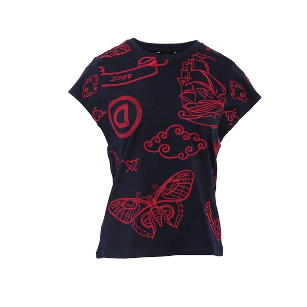 Desigual T-Shirt Blau Bestickt Gr. Xs Damen Kurzarm Baumwolle Shirt 20SWTKAY-image