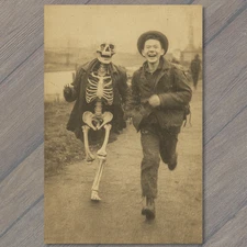 POSTCARD Boy Running Skeleton Halloween Humor Creepy Antique Style Odd Retro
