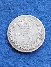 1886 Threepence Coin  , Sterling Silver,  Queen Victoria